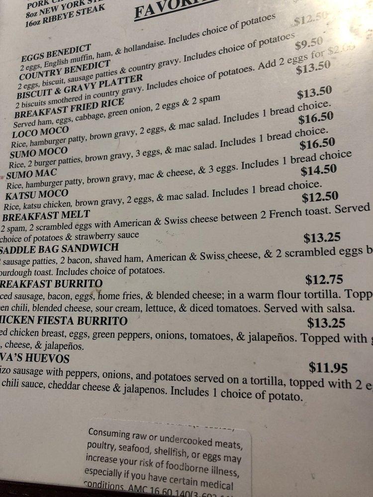Menu at Kava's Pancake House restaurant, Anchorage, 100 Muldoon Rd