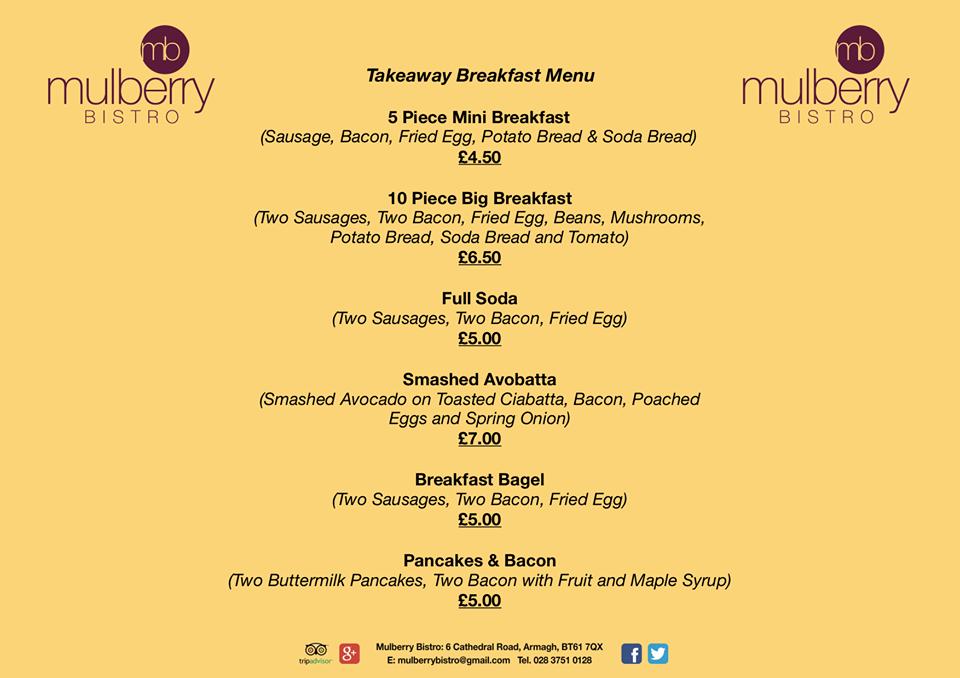 Menu at Mulberry Bistro restaurant, Armagh