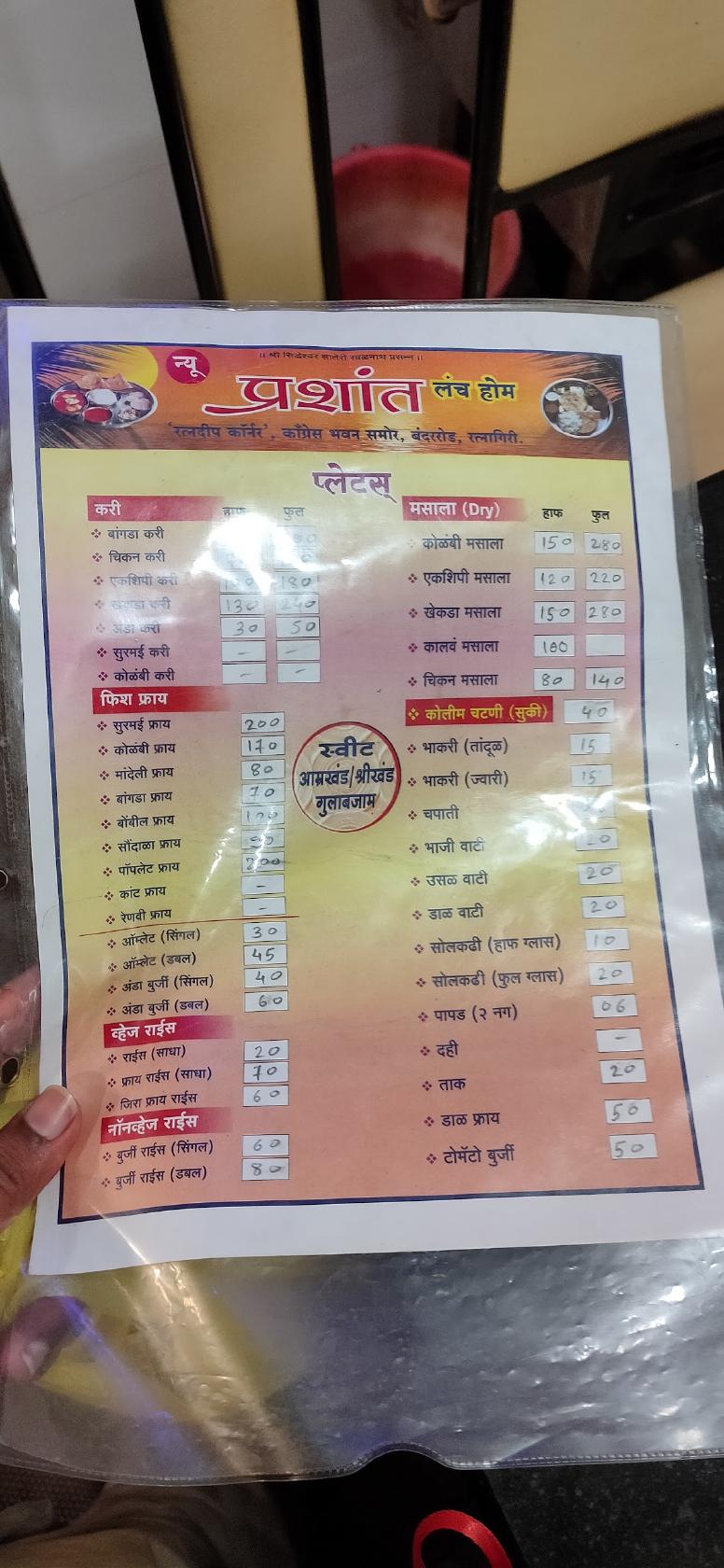 New Prashant Lunch Home menu