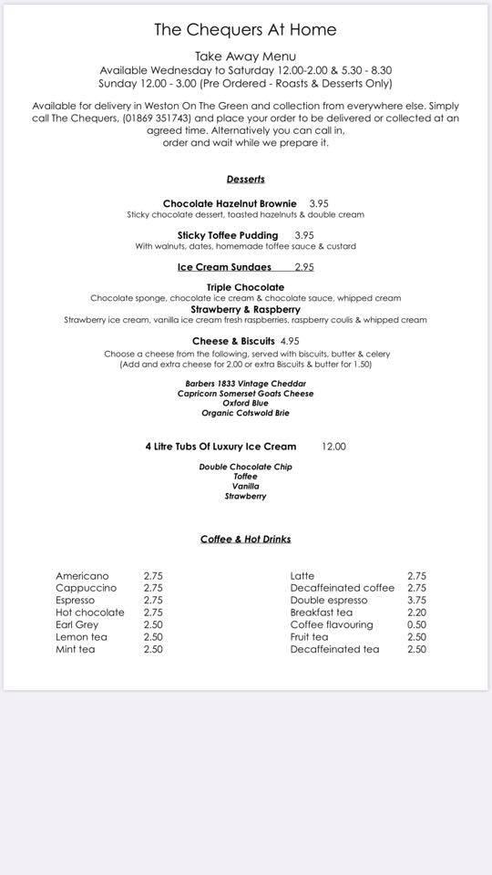 Menu at The Chequers pub & bar, WestonontheGreen, Northampton Rd