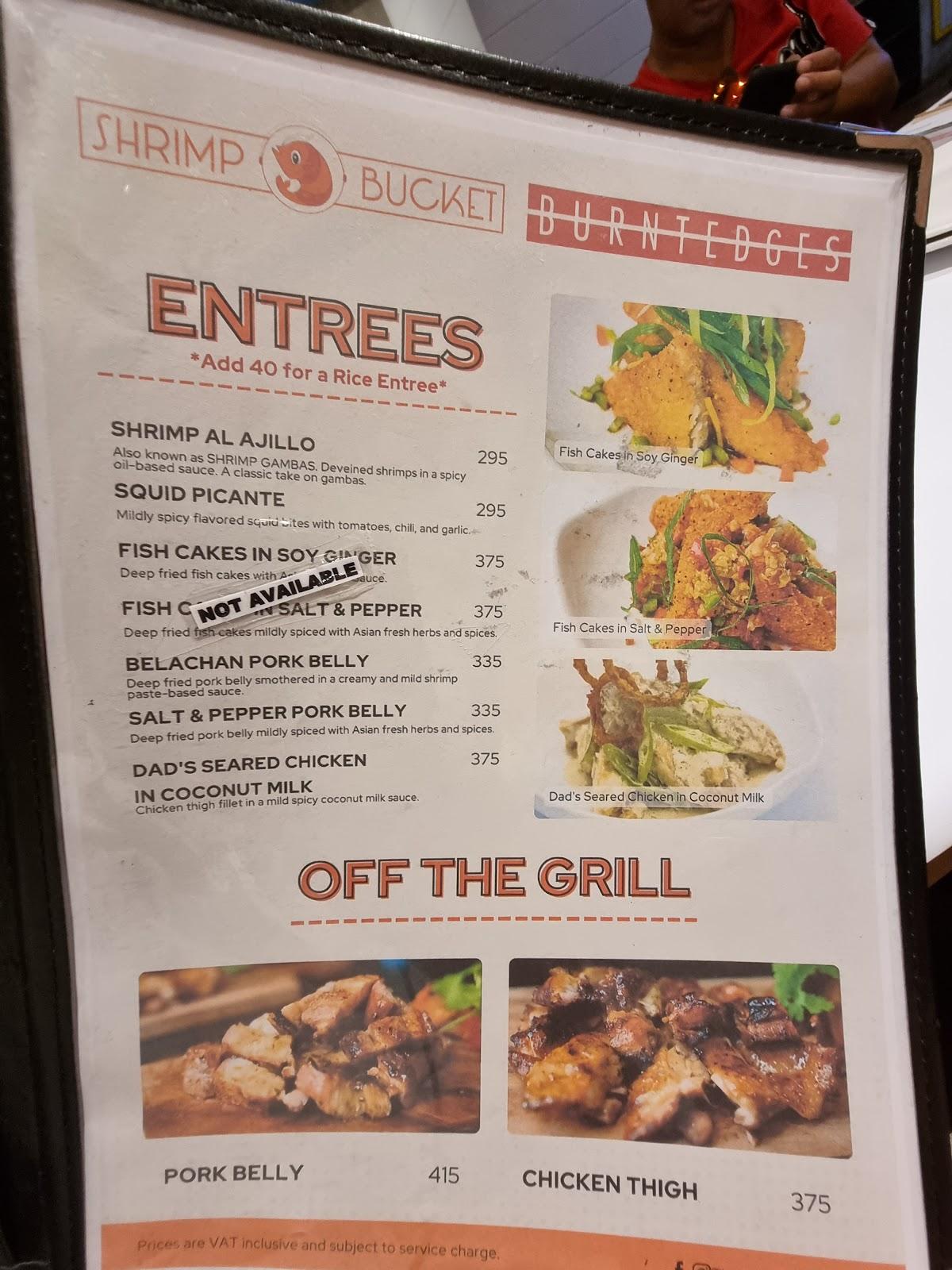 Menu at Shrimp Bucket restaurant, Pasay
