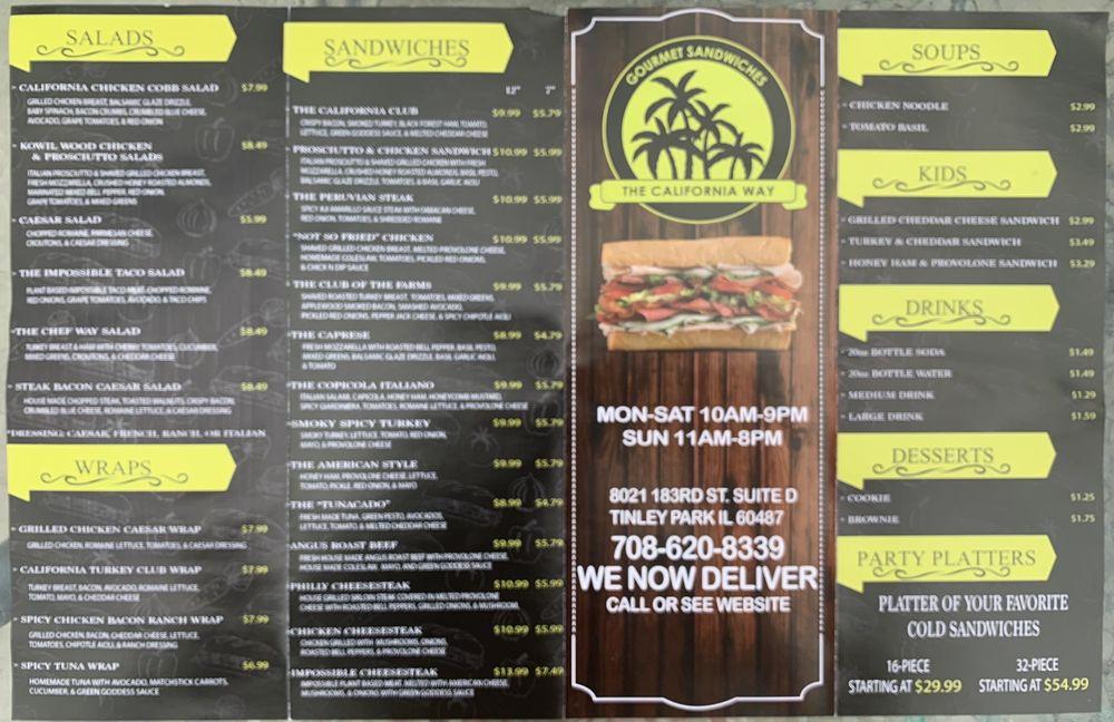 Menu at The California Way Gourmet Sandwiches restaurant, Tinley Park