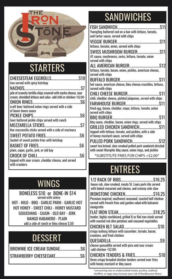 Menu at The Ironstone restaurant, Boyertown