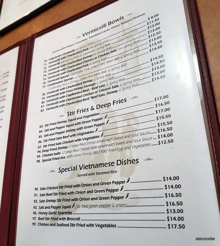 Menu at The Vietnamese Noodle House restaurant, Yellowknife