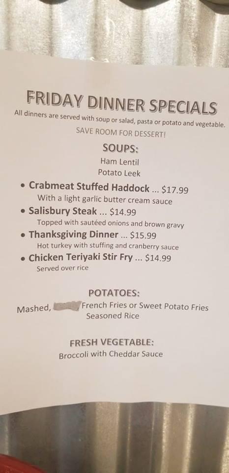 Menu at Lindsay's restaurant, Leeds