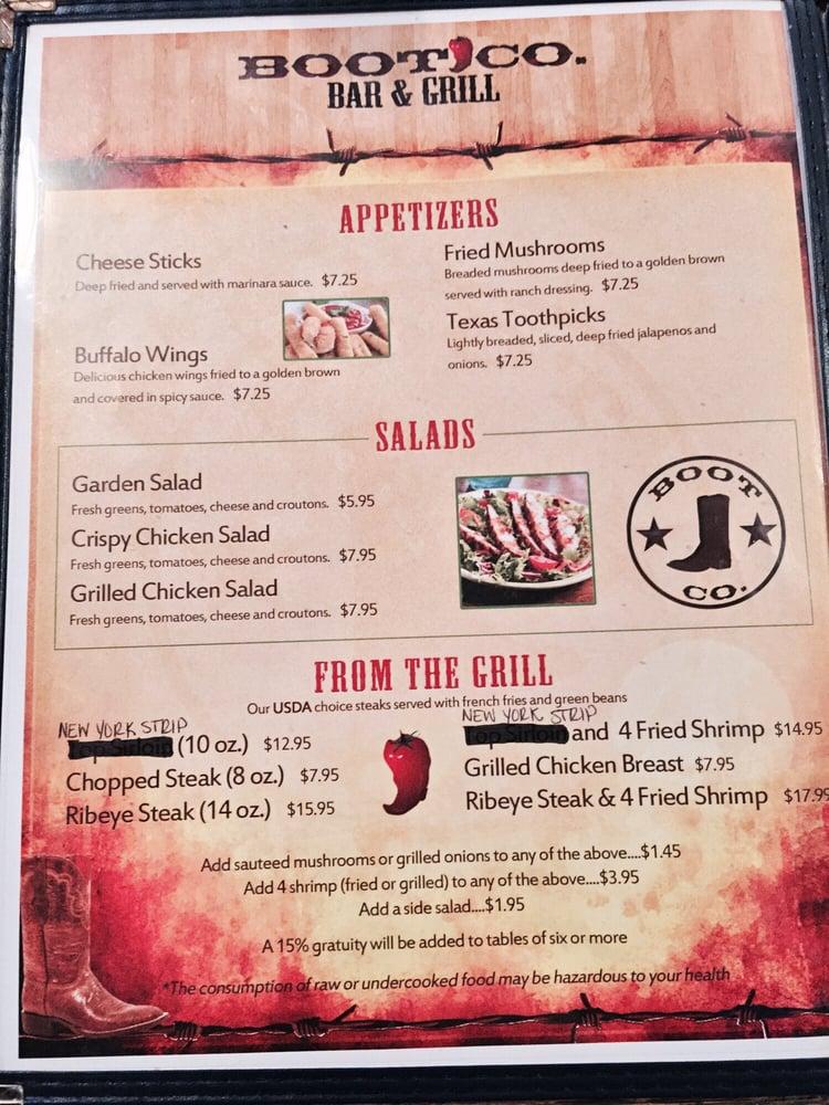 Menu at Boot Co Bar & Grill, Raymondville