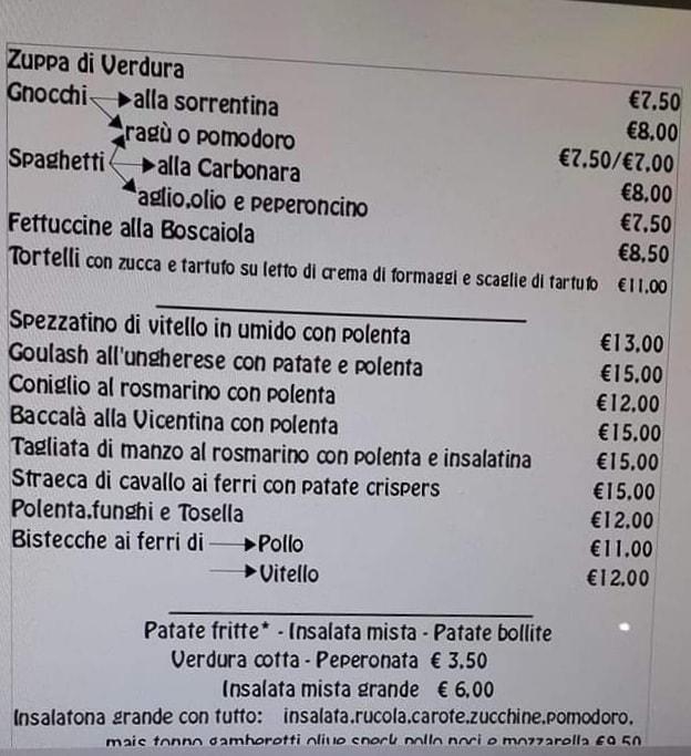 Menu at Pizzeria Ristorante Stella D'Oro, Asiago