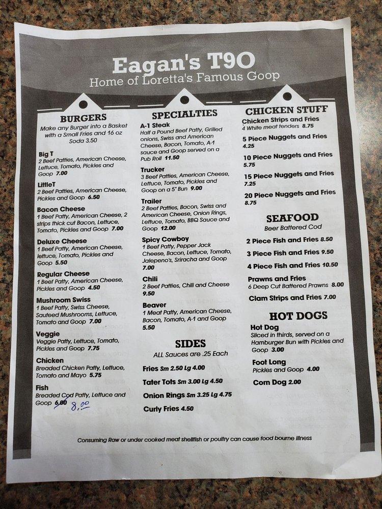 Menu at Eagans T90 restaurant, Tenino