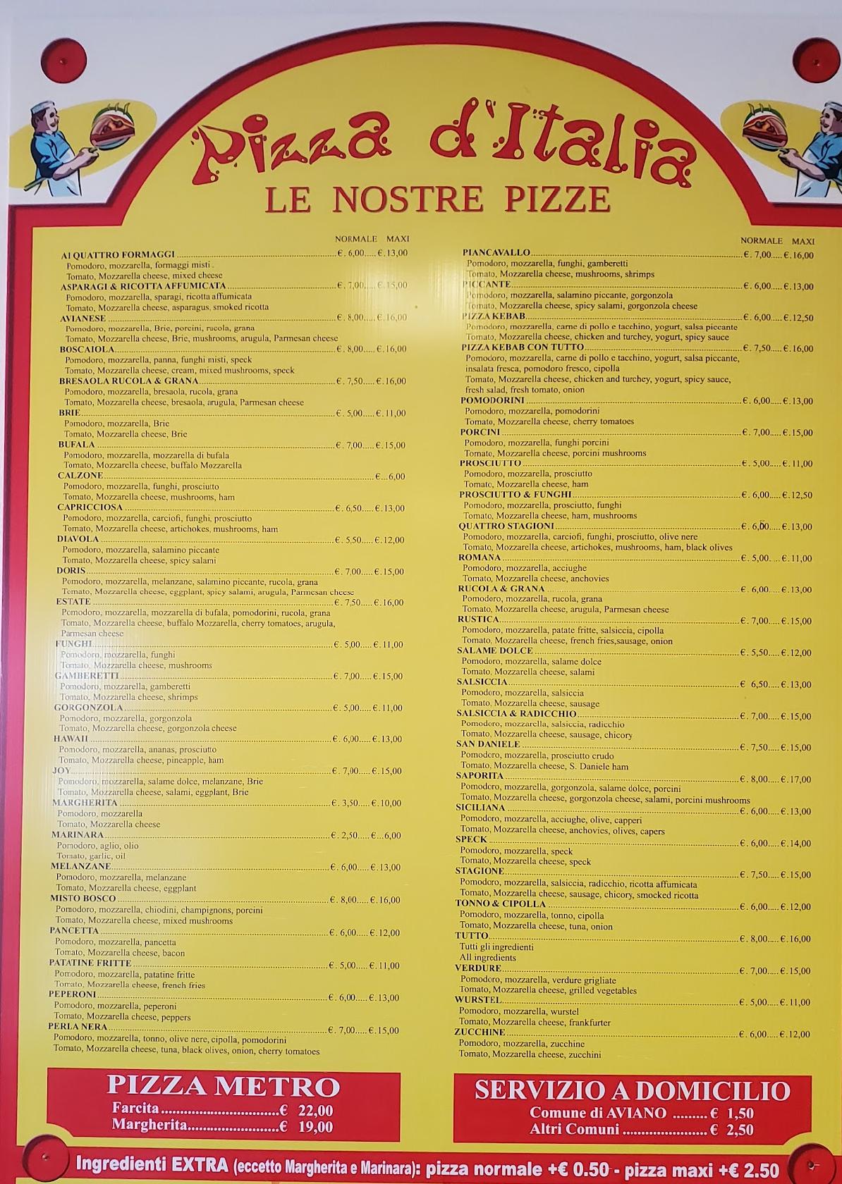 Speisekarte von Pizza d'Italia, Aviano
