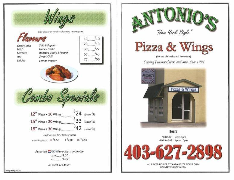 Menu at Antonio's Pizza pizzeria, Pincher Creek