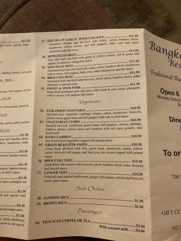 Menu at Bangkok Thai Restaurant, Lacey