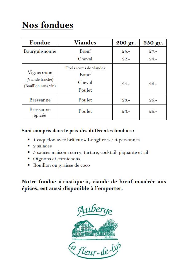 Menu at Auberge FleurdeLys SA, Prilly