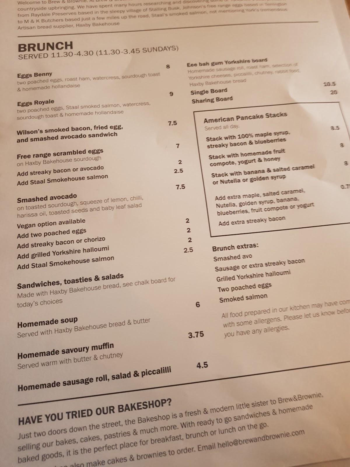 Menu at Brew & Brownie cafe, York, 5 Museum St