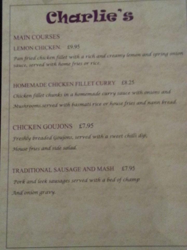 Menu at Charlie's restaurant, Kilkeel