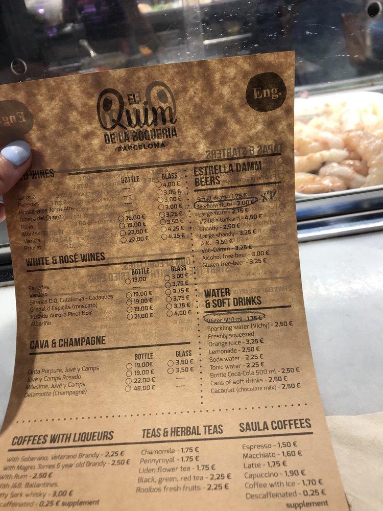 Menu at El Quim de la Boqueria pub & bar, Barcelona
