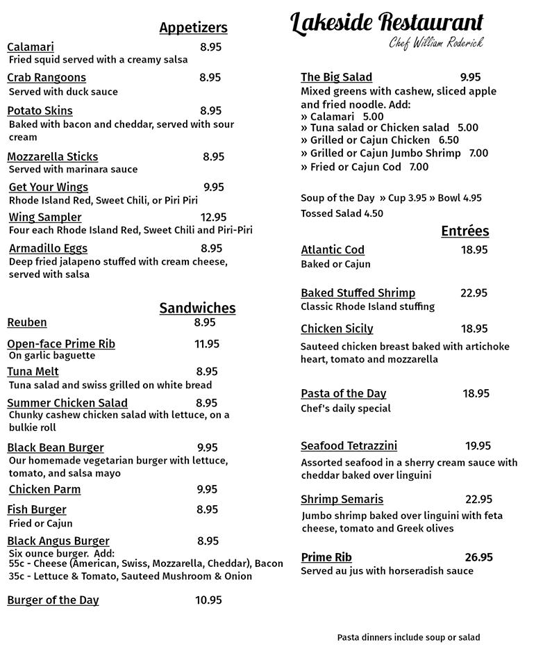 Menu at Lakeside Restaurant, New Limerick