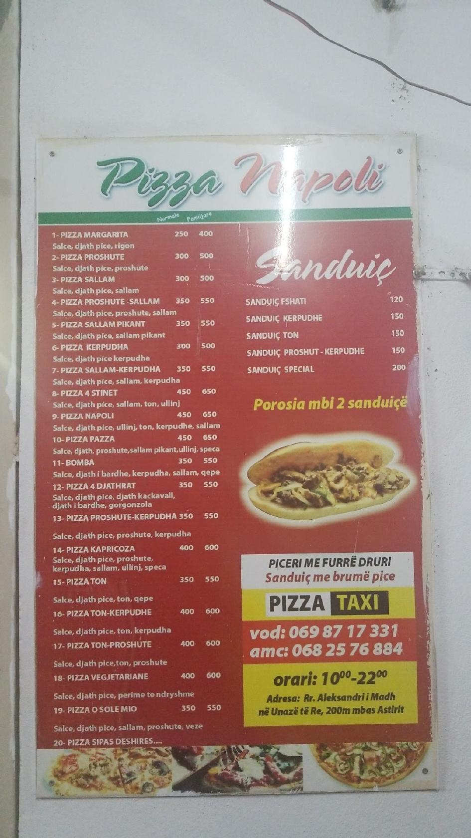 Menu at PizzaNapoli restaurant, Tirana