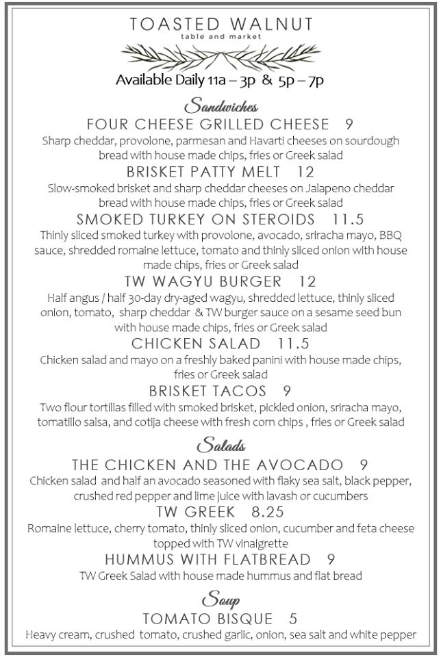 Menu at Toasted Walnut Table and Market cafe, Celina