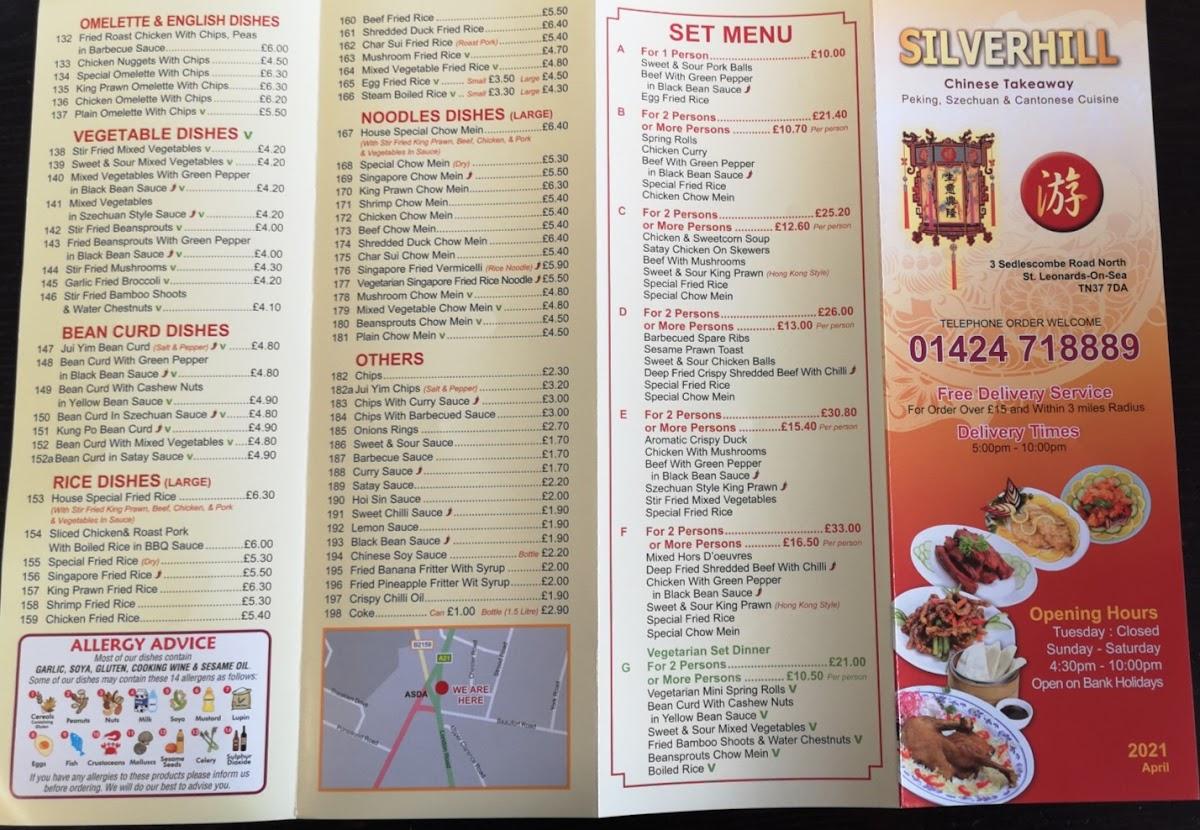 Menu at Silverhill Chinese Takeaway restaurant, Saint Leonards