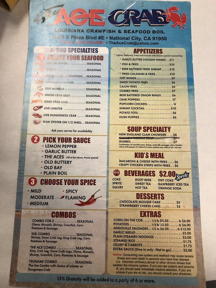 Menu at The Ace Crab restaurant, National City