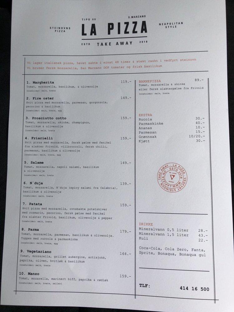 Menu at La Pizza pizzeria, Kristiansand