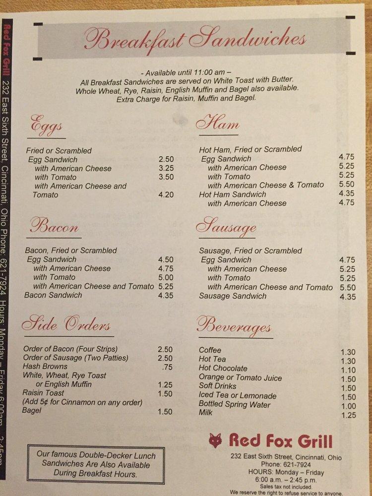Menu at Red Fox Grill restaurant, Cincinnati
