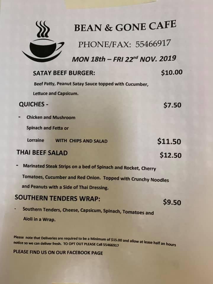 Menu at Bean & Gone Cafe, Ormeau