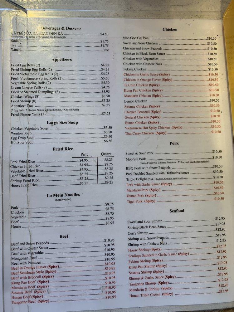 Menu at Taste of Asia restaurant, Eden Prairie