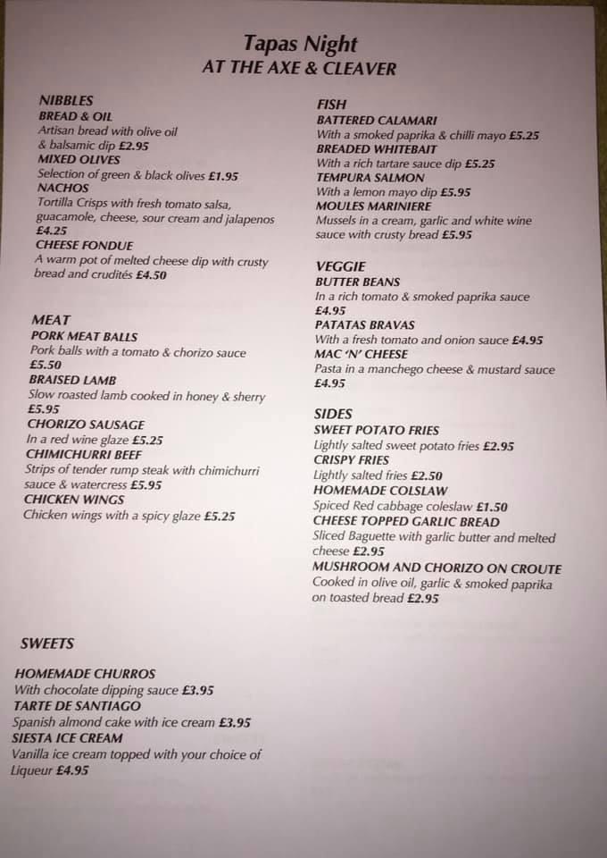 Menu at Axe & Cleaver pub & bar, England, A49
