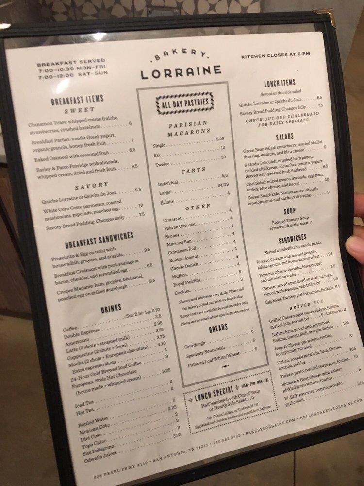 Menu at Bakery Lorraine at the Pearl, San Antonio, 306 Pearl Pkwy 110