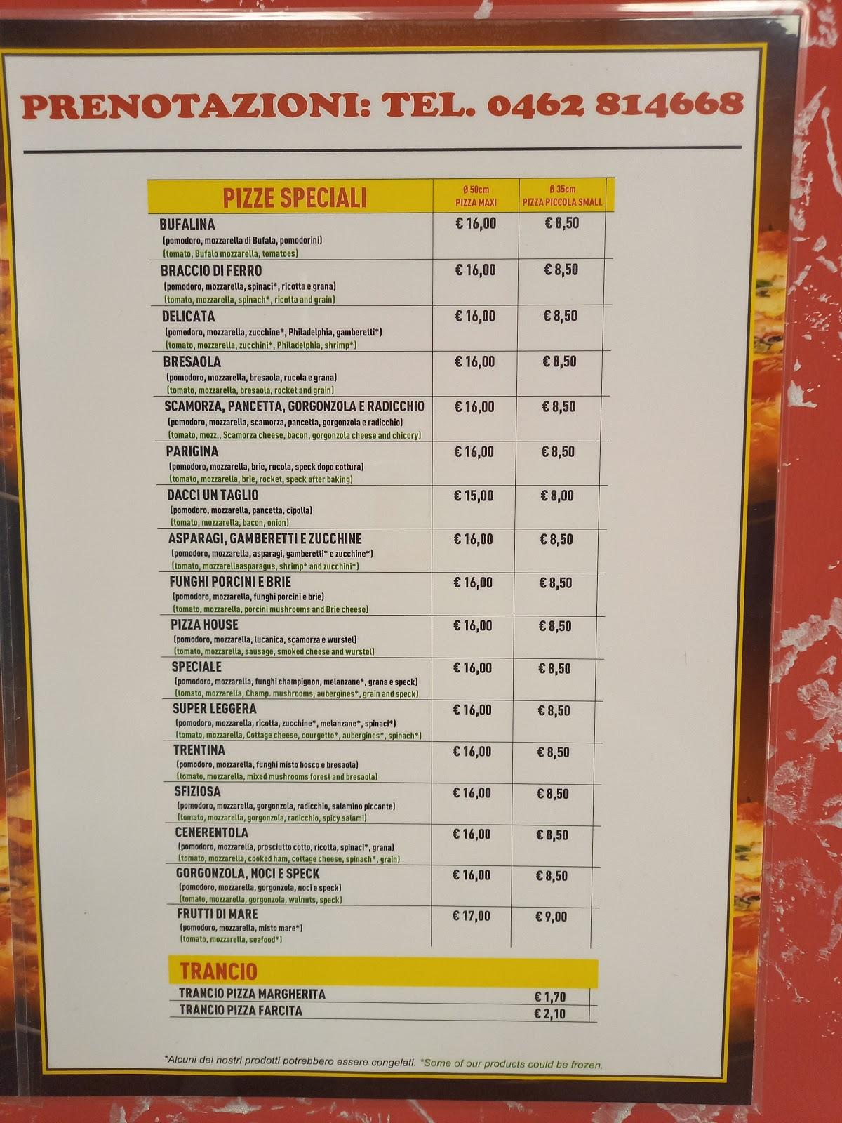 Menu da Pizza House pizzeria, Tesero