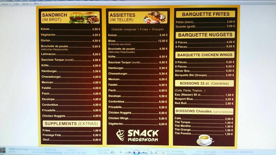 Menu de Snack Niederkorn Pizza Kebab
