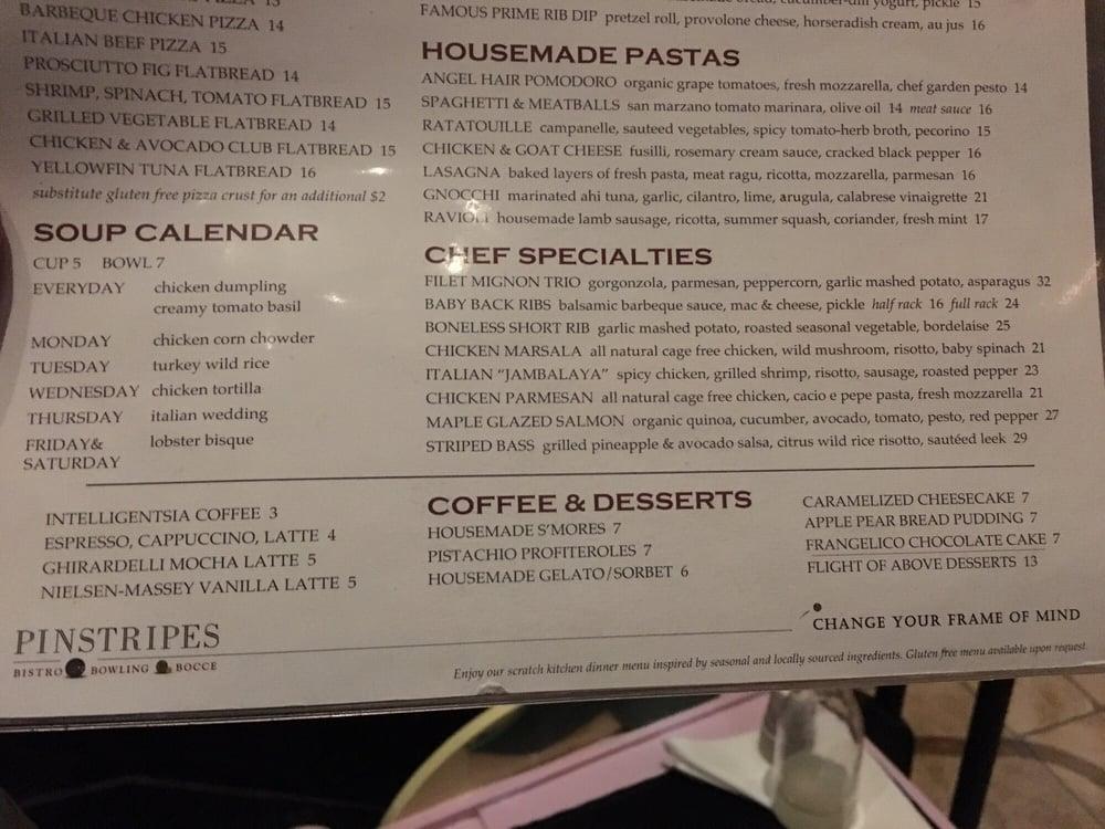 Menu at Pinstripes restaurant, Oak Brook, 7 Oakbrook Center