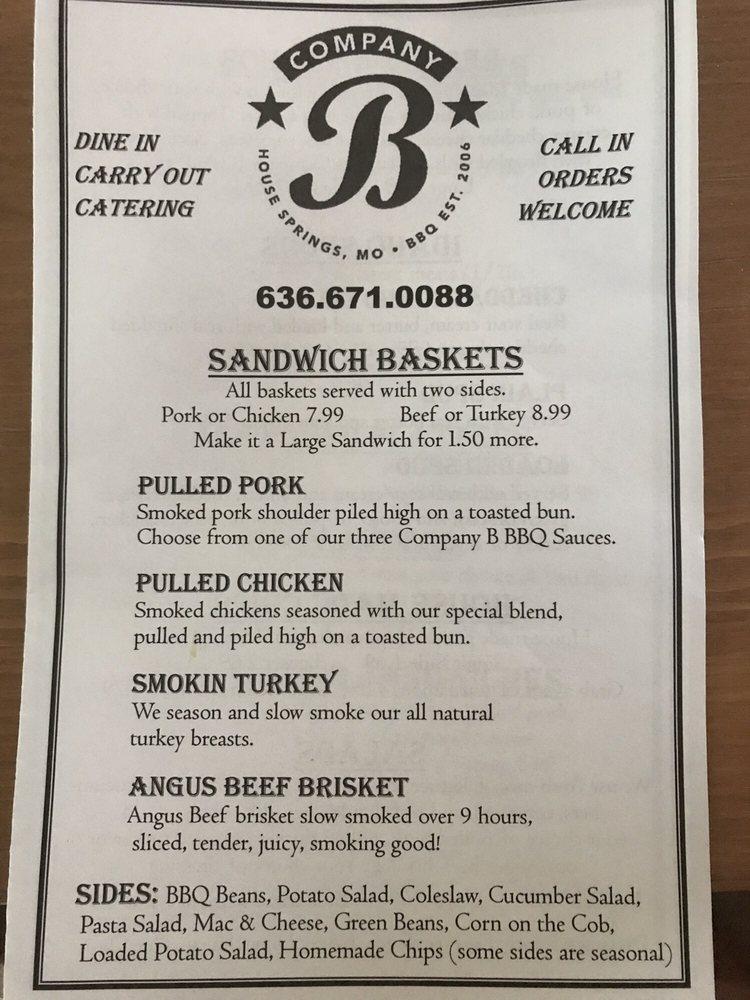 Menu At Company B Bbq, Byrnes Mill