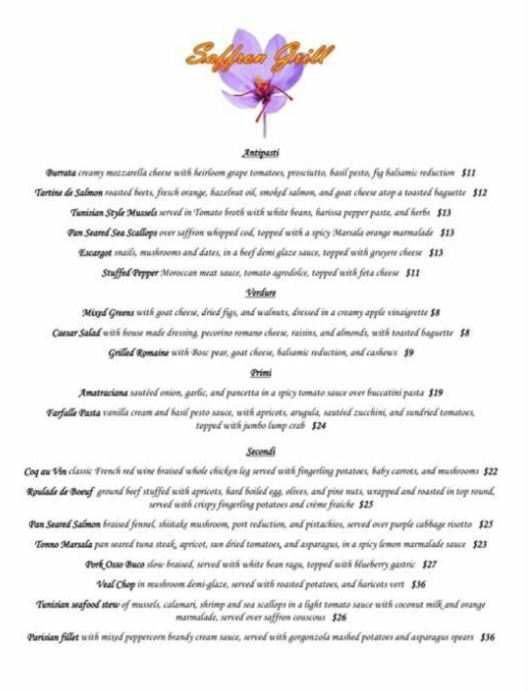 Menu at Saffron Restaurant, Lewisburg