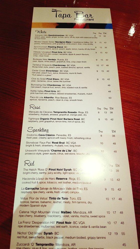 Menu at Tapa Bar, Victoria