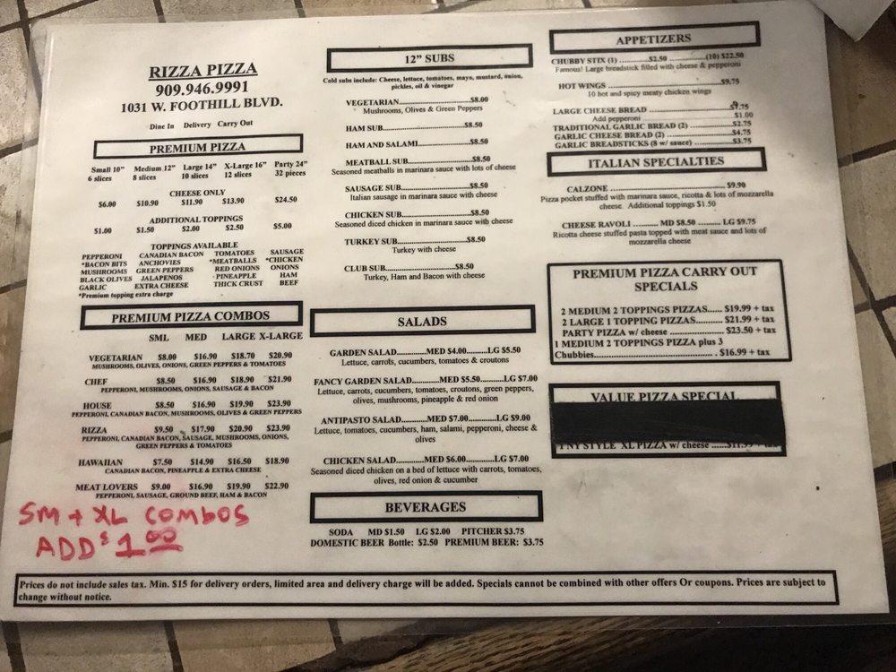 Menu at RIZZA PIZZA pizzeria, Upland