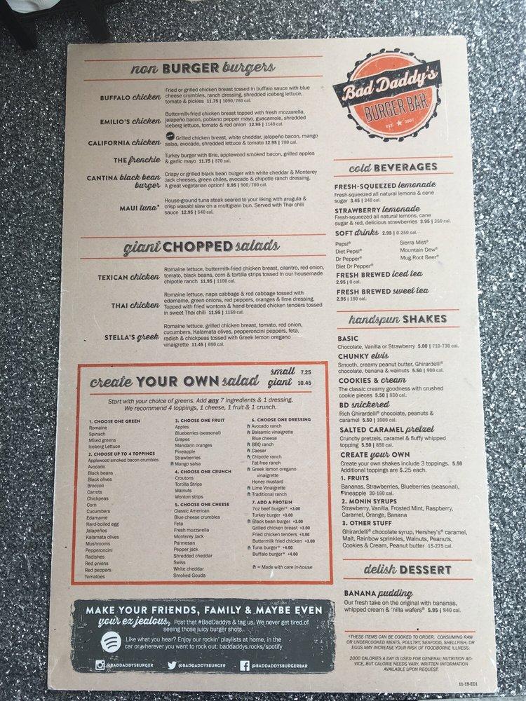 Menu at Bad Daddy's Burger Bar, Summerville