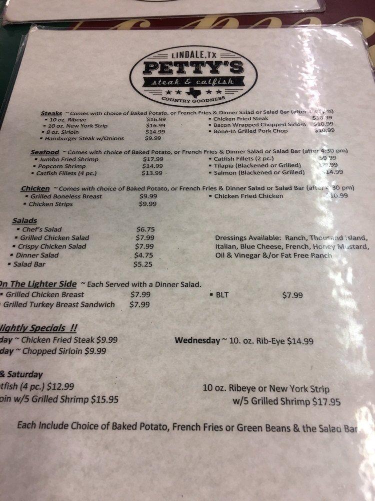 Menu at Pettys Steak and Catfish steakhouse, Lindale