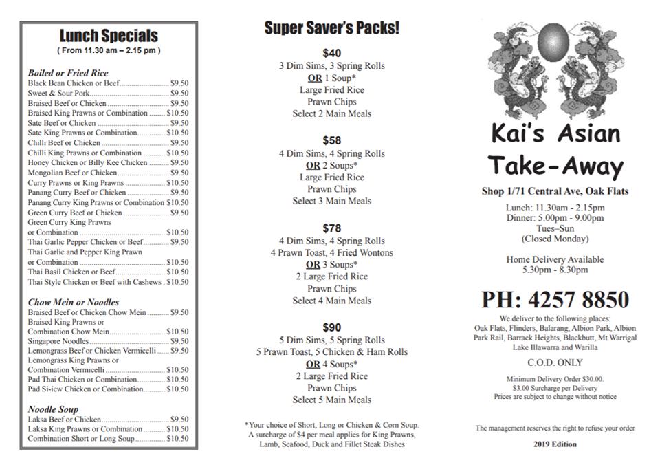 Menu at Kai's Asian TakeAway fast food, Oak Flats