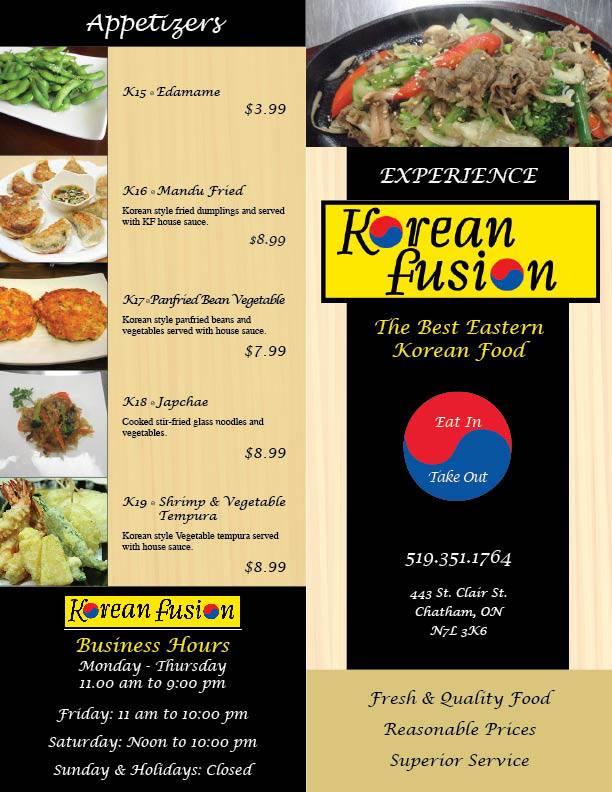 Menu at Korean Fusion restaurant, Chatham-Kent