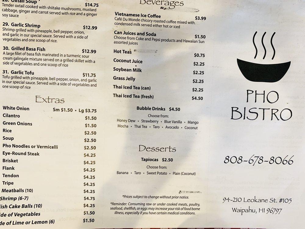 Menu at Pho Bistro restaurant, Waipahu, 94-210 Leokane St