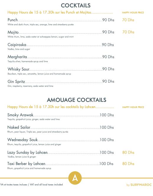 Menu au Amouage by Surf Maroc restaurant Taghazout