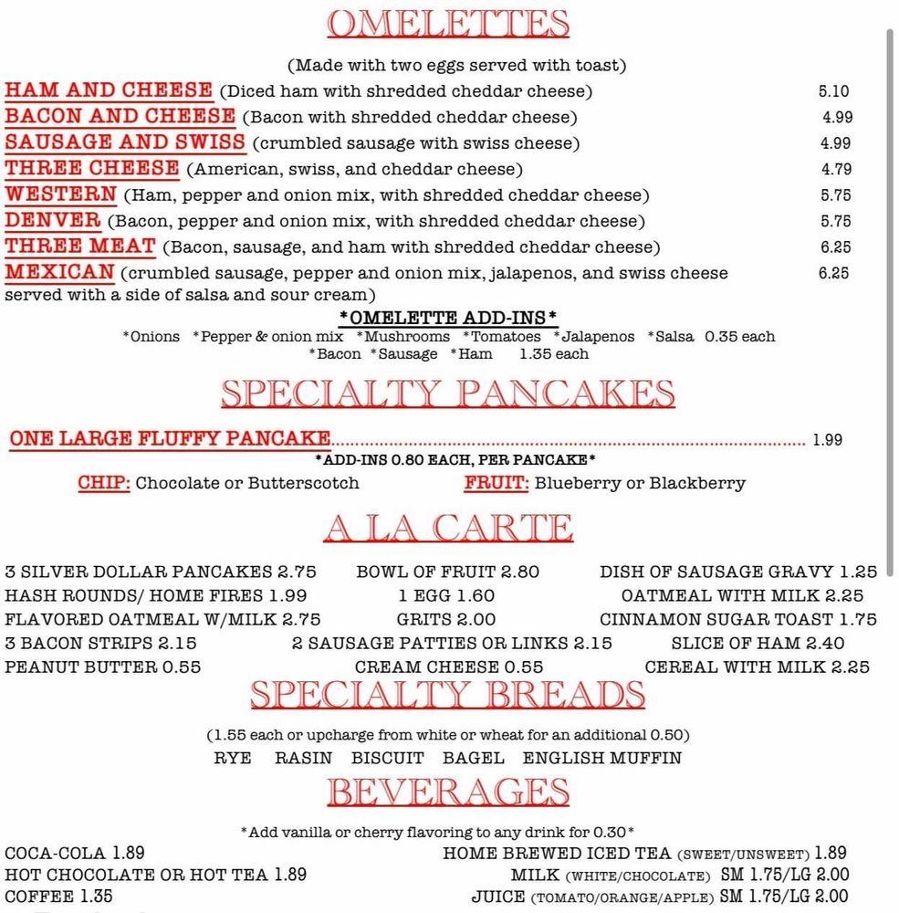 Menu at Jill's Diner restaurant, Columbus