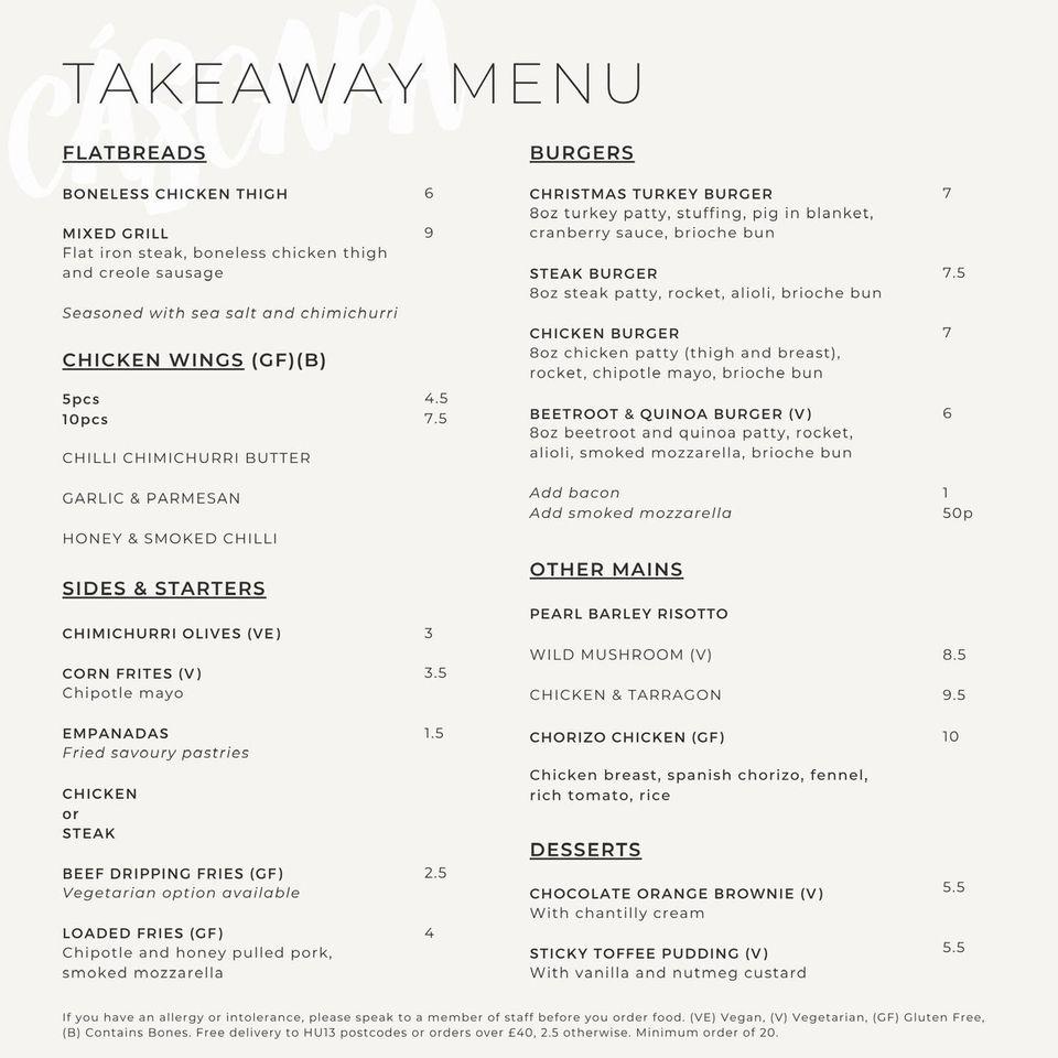 Menu at Cáscara restaurant, Hessle