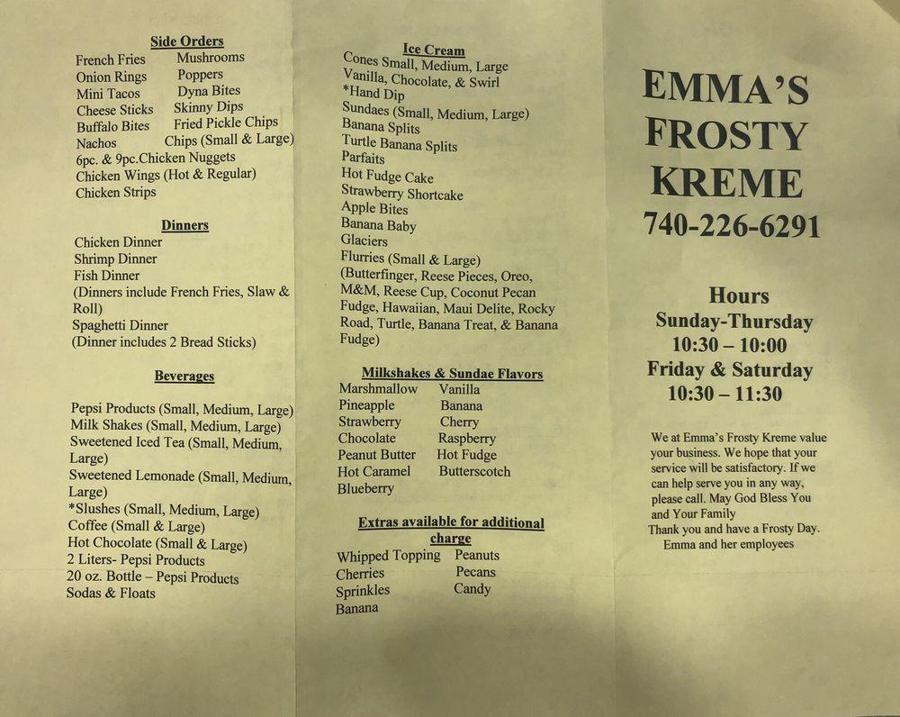 Menu at Emma's Frosty Kreme & Pizza pizzeria, Beaver