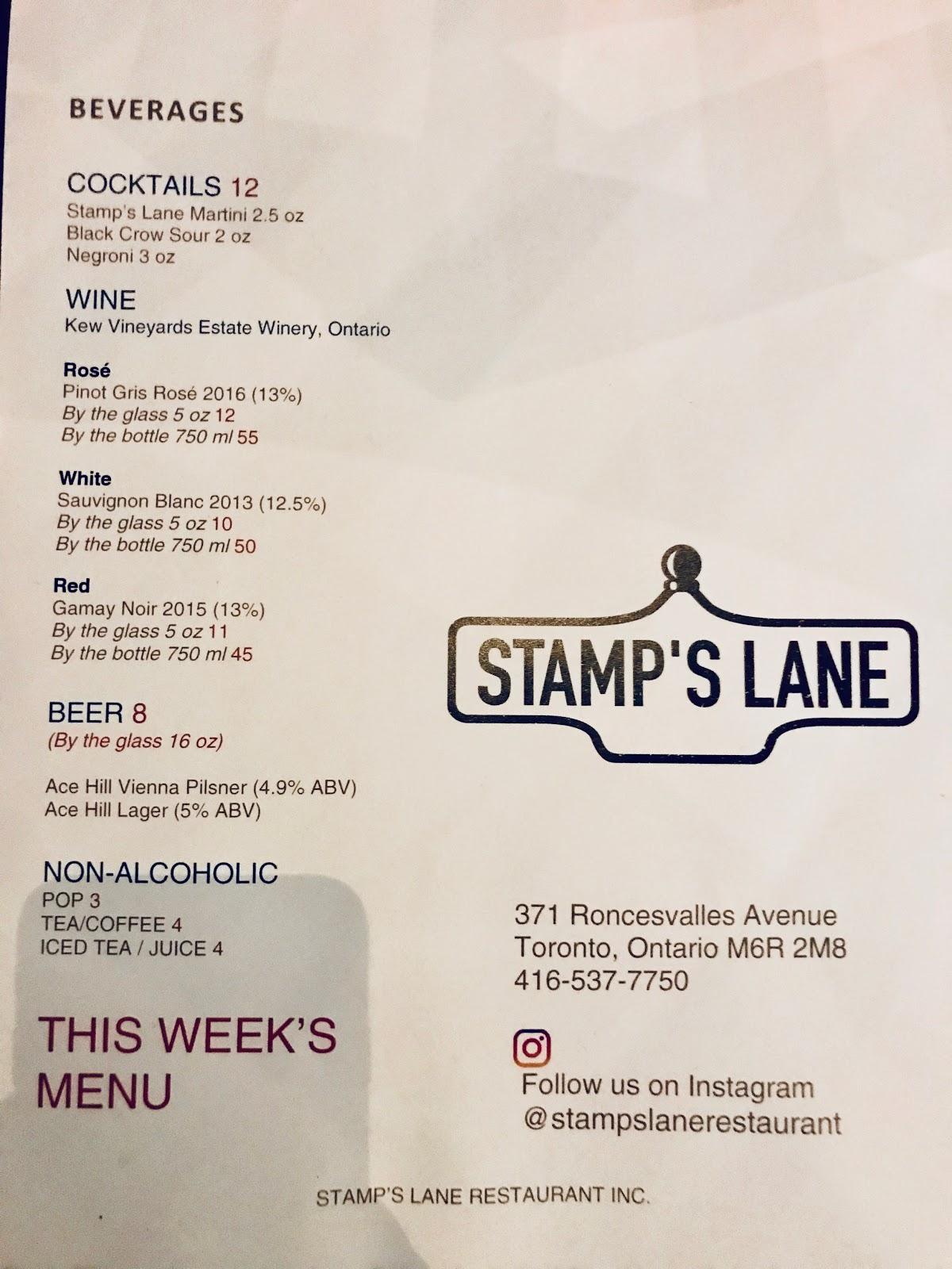 Menu at Stamp’s Lane Seafood Bar, Toronto