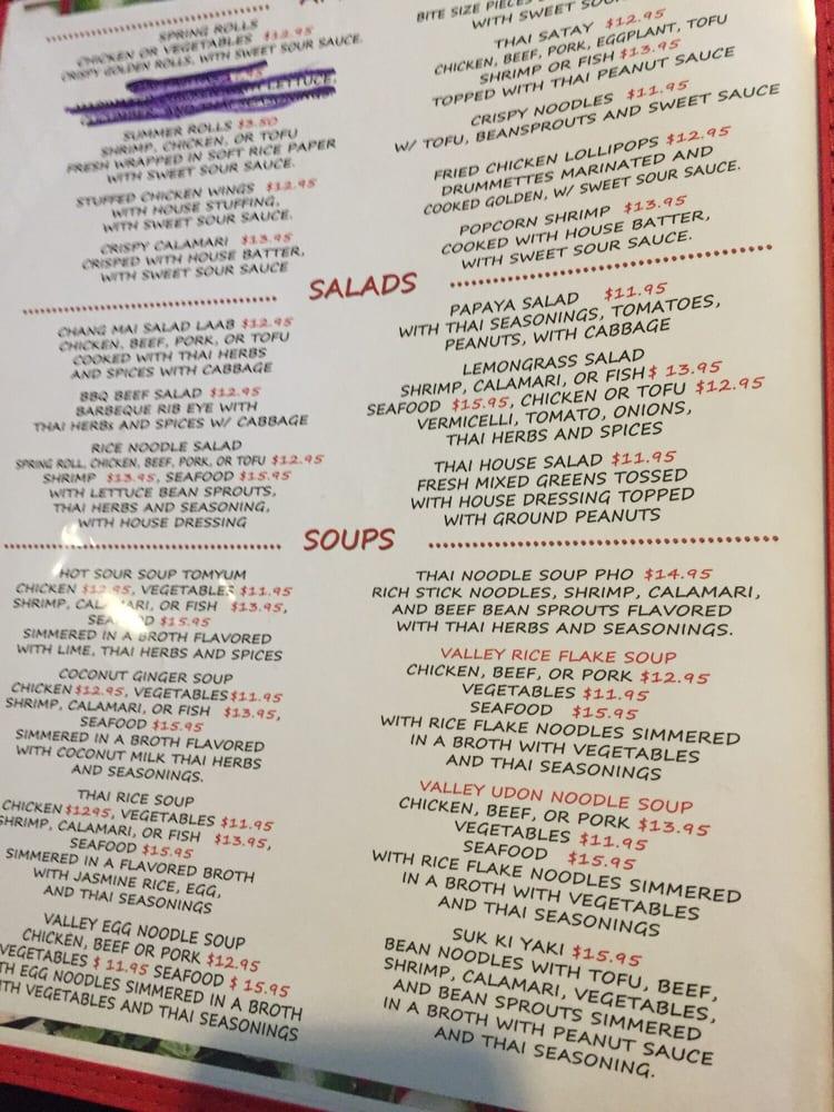 Menu at Thai Valley Cuisine restaurant, Honolulu
