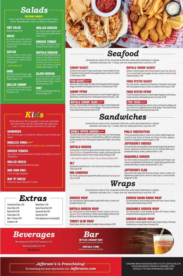 Menu at Jefferson's restaurant, Scottsboro, County Park Rd