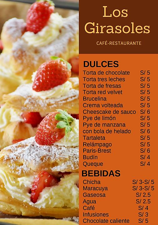 Menu at Los Girasoles Café-Restaurante, La Perla District